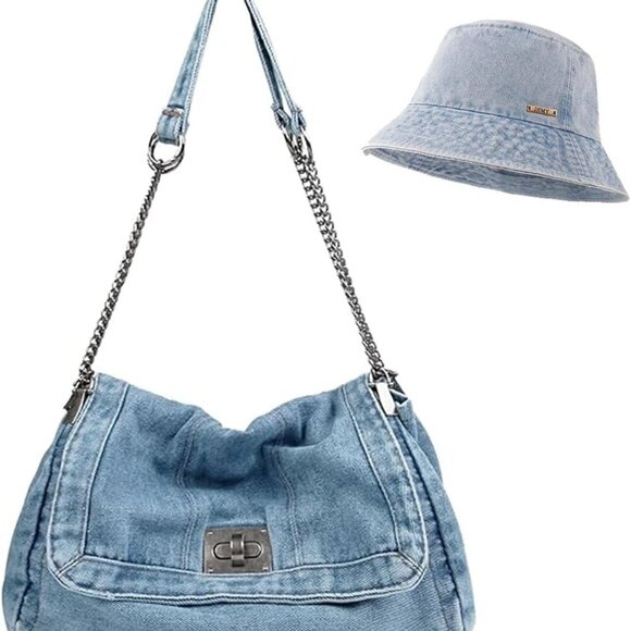2PCS Denim Tote Bag and Denim Cap Set for Women, Retro Washed Shoulder Handbag C - Picture 1 of 6
